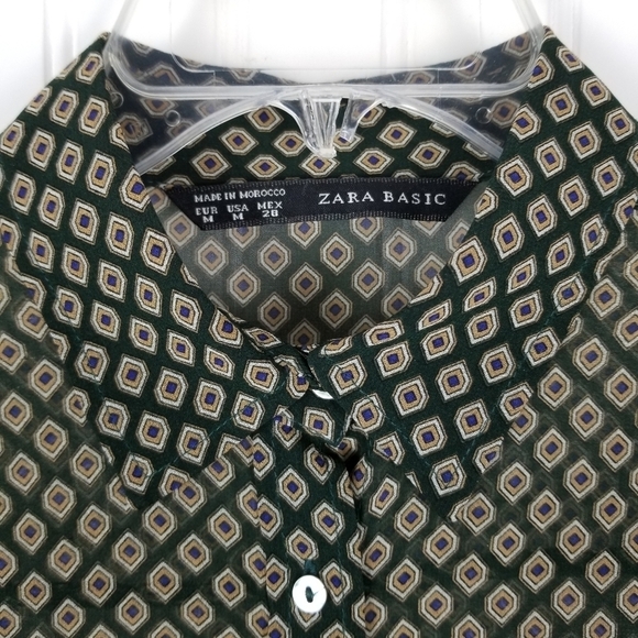 Zara Basic Sheer Print Button Up Blouse Womens Geometric Green Tan Size Medium - Picture 6 of 10